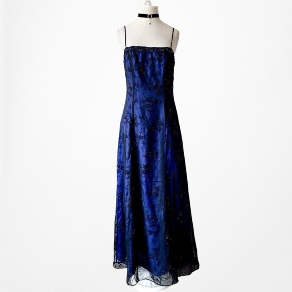 Vintage Blue Black Mesh Velvet Beaded Flared Maxi Prom Dress Size M - Picture 4 of 13